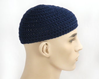 DARK BLUE NAVY Kippah Kippot Jewish Kipa Hand Crochet Acrylic Adult Yarmulke Kufi Beanie Large One Size Fits All