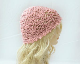 Crochet Lacy Cotton Beanie: Handmade Women's Spring Summer Hat