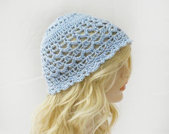 Crochet Lacy Cotton Beanie: Handmade Women's Spring Summer Hat