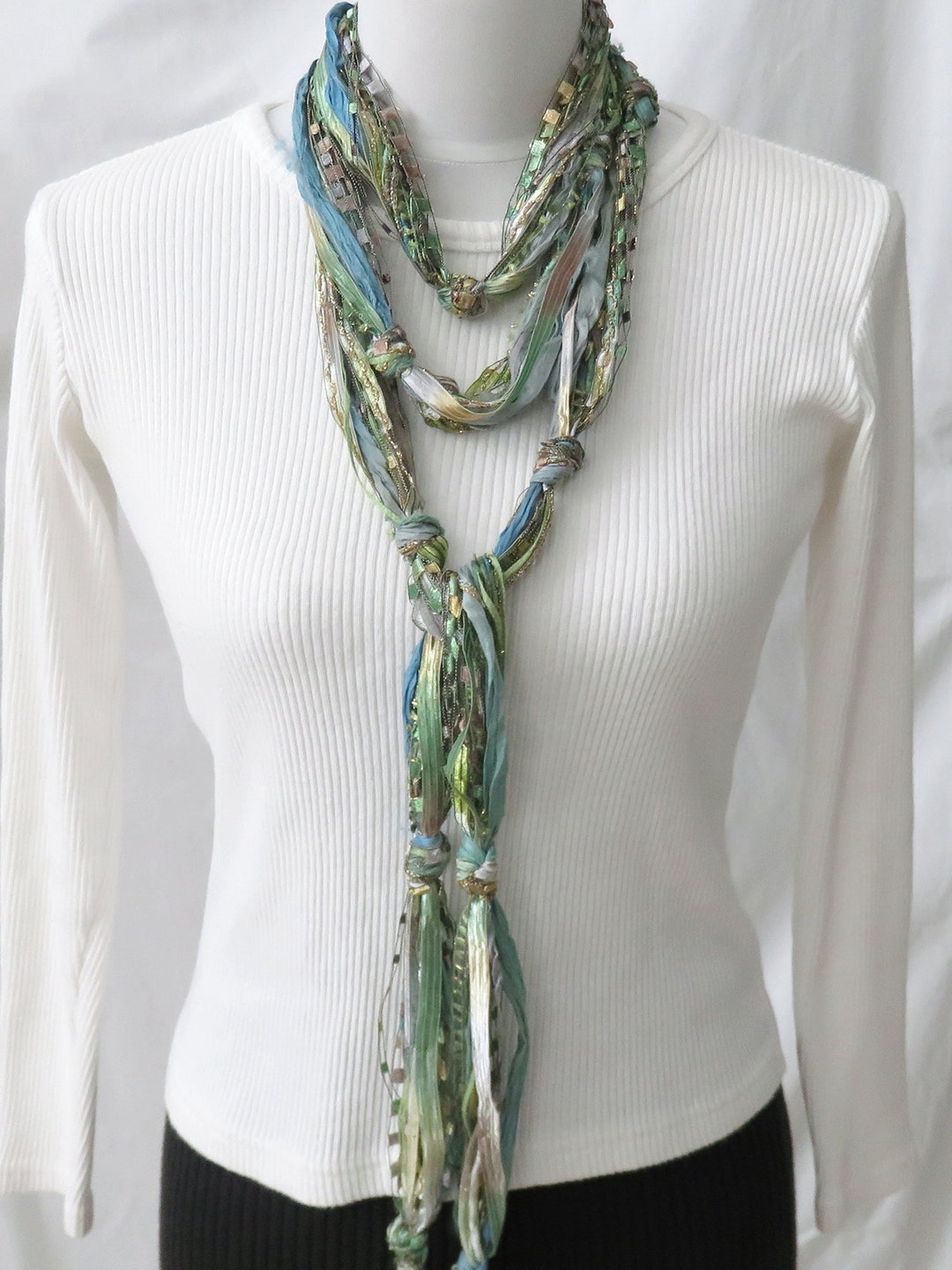 Long Skinny Ribbon Scarf: Glittery Yarn Belt, Greens Gold Blue #SAS2 - Etsy