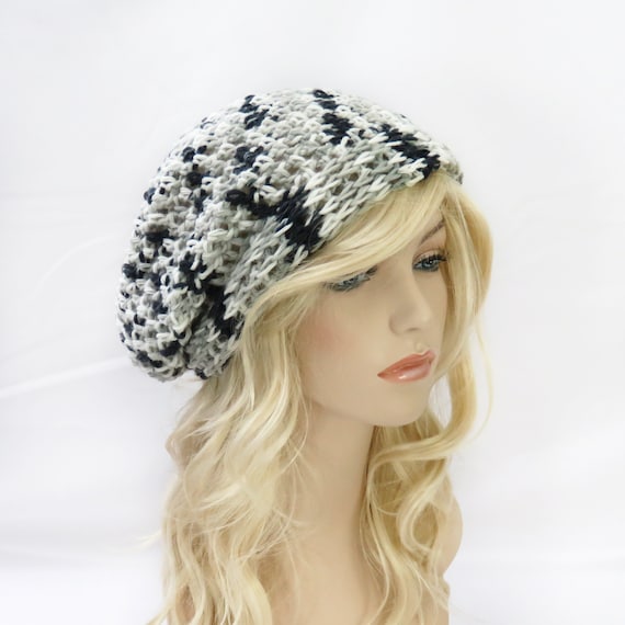 Beanie hat Handmade Black and white crochet acrylic Recycled Acrylic Slouchy Beanie | Handmade Two-Tone Winter  main image 2