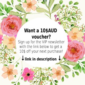May include: A floral design with pink and peach flowers, green leaves, and white text that reads "Want a 10$AUD voucher?" and "link in description". The image is a promotional graphic.