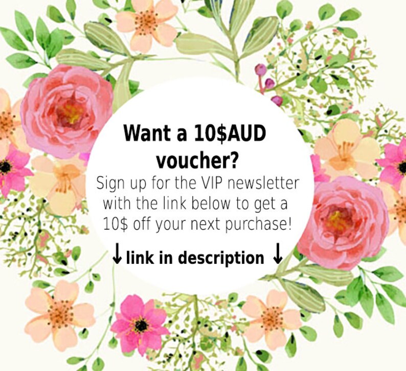 May include: A floral design with pink and peach flowers, green leaves, and white text that reads "Want a 10$AUD voucher?" and "link in description". The image is a promotional graphic.