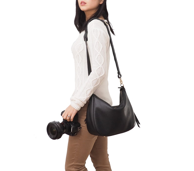 Premium Leather Mirrorless Digital Camera Bag for Women, Black Crossbody Shoulder Hobo Bag, Fits