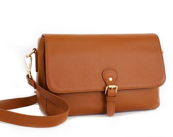 Leather Camera Messenger Bag, Brown DSLR Crossbody