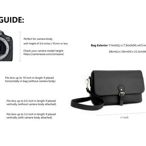 May include: A black camera bag with a shoulder strap, buckle closure, and gold-colored hardware. The bag's exterior dimensions are 11 inches long, 7.5 inches high, and 4.5 inches wide. The image includes a size guide.