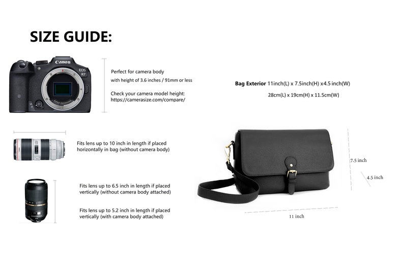 May include: A black camera bag with a shoulder strap, buckle closure, and gold-colored hardware. The bag's exterior dimensions are 11 inches long, 7.5 inches high, and 4.5 inches wide. The image includes a size guide.