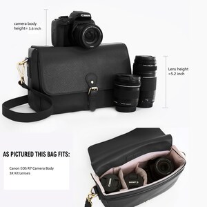 May include: Black leather camera bag with gold-colored hardware. A Canon camera body (3.6 inches high) and lenses (5.2 inches high) are displayed with the bag. The bag fits a Canon EOS R7 camera body and 3 kit lenses.