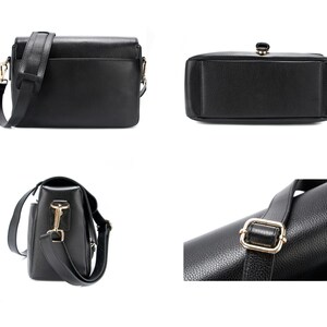 May include: A black leather messenger bag with a shoulder strap and gold-colored hardware. The bag has a rectangular shape with a flap closure and a textured surface. The strap is adjustable.
