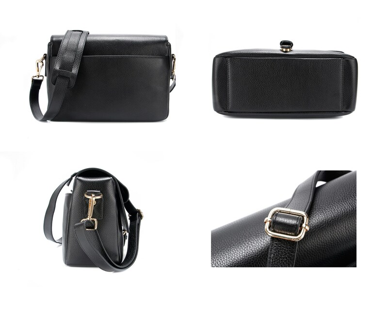 May include: A black leather messenger bag with a shoulder strap and gold-colored hardware. The bag has a rectangular shape with a flap closure and a textured surface. The strap is adjustable.