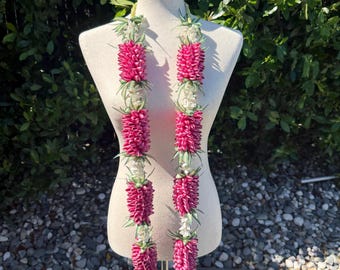 Handmade Premium Graduation Ribbon Lei - Dark Pink & Green