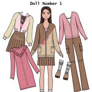 Doll1 Paper doll - Asian Girl Printable Paper Doll - Pink girly Korean fashion - Coloring page