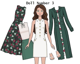 Doll3 Paper doll - Floral green, red and Ivory fashion Printable Paper Doll - Coloring page