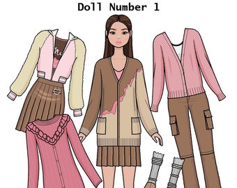 Doll1 Paper doll - Asian Girl Printable Paper Doll - Pink girly Korean fashion - Coloring page