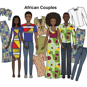 Afrikanische Paare - Druckbare Papierpuppe - Afrikanische Drucke - Kleidung im afrikanischen Stil - Schwarze Papierpuppe - Männliche Puppe Kurvige Puppe - Malvorlagen -