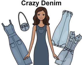 Crazy Denim Printable Paper Doll - Jeans Moden/Kleider - Jeans Geldbörse - Latina Hispanic Puppe - Malseite