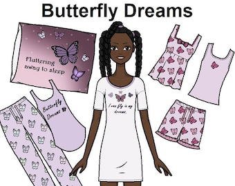 Butterfly Dreams afdrukbare papieren pop - PJS pyjama pyjama - vlindermode - zwarte papieren pop - kleurplaten -