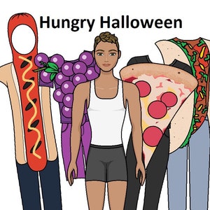 Hungrige Halloween Papierpuppe - Halloween Kostüm - Ausdruckbare männliche Papierpuppe - Ankleidepuppe - Pizzakostüm - Malvorlagen