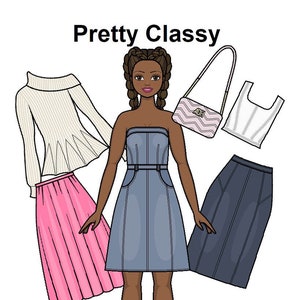 Hübsche klassische Papierpuppe - Curvy Printable Paper Doll - Denim Mode & Kleider - Afrikanische Puppe - Schwarze Puppe - Ausmalseiten -