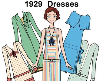 1929 Dresses Paper doll - Printable Paper Doll - Vintage dress - retro fashion - 1920's fashion - Red hair doll - Coloring pages