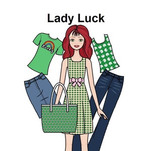 Lady Luck Paper doll - St. Patrick's Day Printable Paper Doll - Red hair doll - Colorful clothes Paper Doll - Coloring page