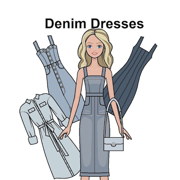 Denim Dresses Paper doll - Printable Paper Doll - denim clothes Paper Doll - blonde hair - Coloring pages