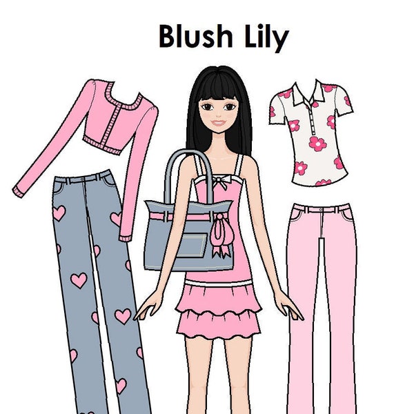 Blush Lily Paper doll - Asian Girl Printable Paper Doll - Pink girly fashion - Hearts and bows - Coloring page