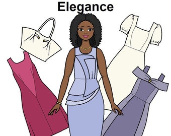 Elegance Curvy Printable Paper Doll - Glam fashion - Afro latina hispanic doll - African doll - Black Paper Doll - Coloring pages -
