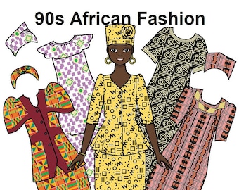 90s African Fashion - Curvy Printable Paper Doll - Vintage - African prints - African style clothes - Black Paper Doll - Coloring pages -