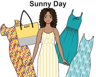 Sunny Day Paper Puppe - Curvy Printable Paper Doll - Frühling Sommer Kleider - Latina Puppe plus size Fashion - Hispanic Puppe - Malvorlagen -