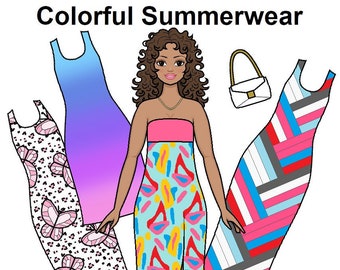 Colorful Summerwear Curvy Printable Paper Doll - Summer fashion - Summer dresses - Hispanic Latino Paper Doll - Coloring pages -