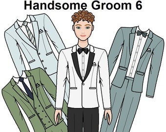 Handsome Groom 6 Printable Male Paper Doll - Wedding Paper Doll - Doll Suits - Red hair Groom - Coloring pages