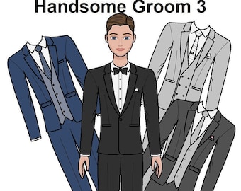 Handsome Groom 3 Printable Male Paper Doll - Wedding Paper Doll - Burnette Groom - Doll Suits - Coloring pages