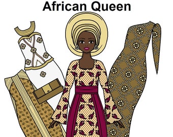 African Queen - Curvy Printable Paper Doll - Black royalty - couture fashion - African doll - Black Paper Doll - Coloring pages -