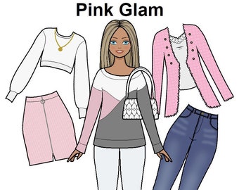 Pink Glam Paper doll - Curvy Printable Paper Doll - Coloring pages