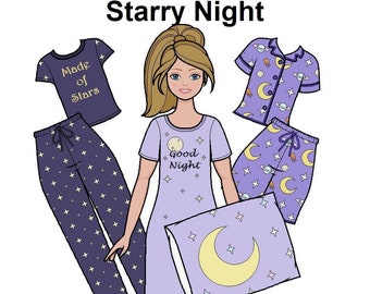 Starry Night - Curvy Printable Paper Doll - PJS Pyjamas Pajamas - Blonde Paper Doll - Coloring pages -