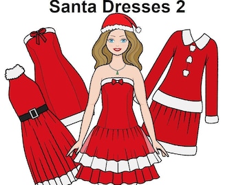 Santa Dresses 2 - Curvy Printable Paper Doll - Christmas dresses - xmas paper doll-  Blonde doll - Coloring pages -