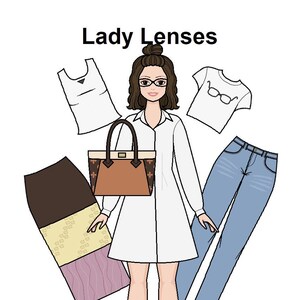 Lady Lenses Paper doll - Glasses paper doll- Curvy Printable Paper Doll - Coloring pages