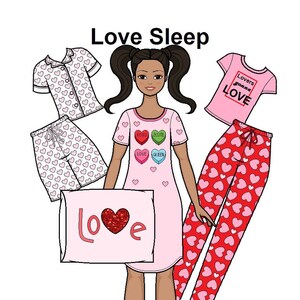 Love Sleep - Curvy Printable Paper Doll - PJS Pyjamas Pyjamas - Asiatische Papierpuppe - Ausmalseiten -