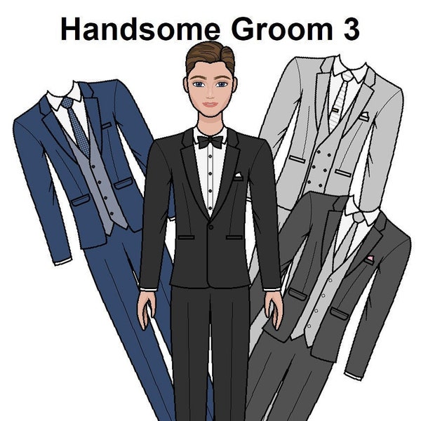 Handsome Groom 3 Printable Male Paper Doll - Wedding Paper Doll - Burnette Groom - Doll Suits - Coloring pages