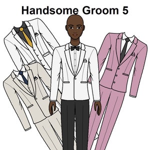 Hübscher Bräutigam 5 druckbare männliche Papierpuppe - Hochzeit Schwarze Papierpuppe - Afrikanische Papierpuppe - Puppenanzüge - Malvorlagen