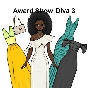 Award Show Diva Symone - Printable Paper Doll - High Fashion Gowns - Afrikanische Puppe - Natürliches Haar - Black Paper Doll - Coloring Pages -