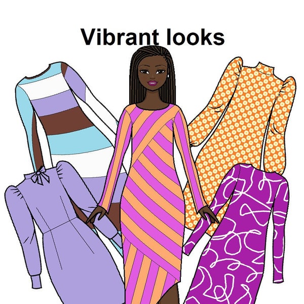 Vibrant Looks Curvy Printable Paper Doll - Colorful dresses - Black Paper Doll - Coloring pages -