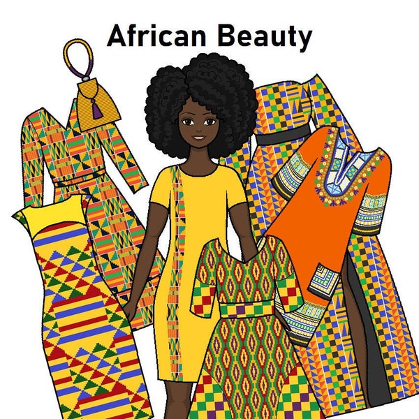 African Beauty - Curvy Printable Paper Doll - African prints - African style clothes - Black Paper Doll - Coloring pages -