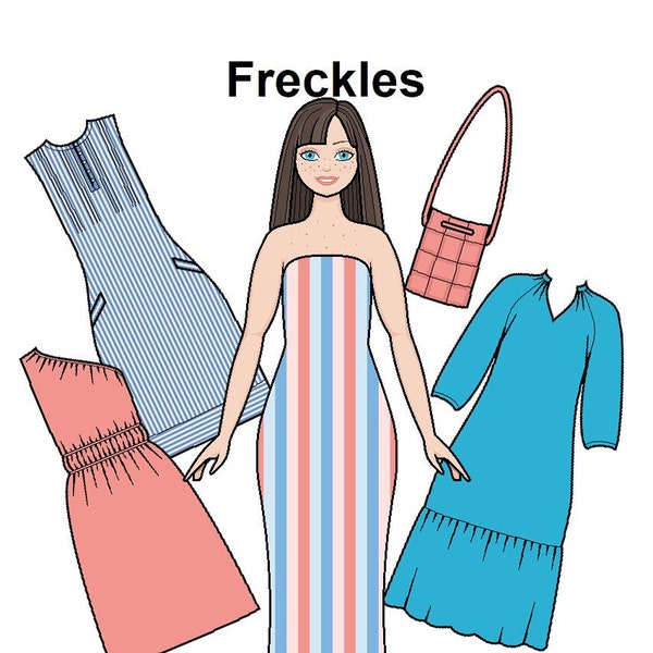 Freckles Printable Curvy Paper Doll - Casual fashion clothes - Blue and coral dresses - Doll with freckles - Coloring pages