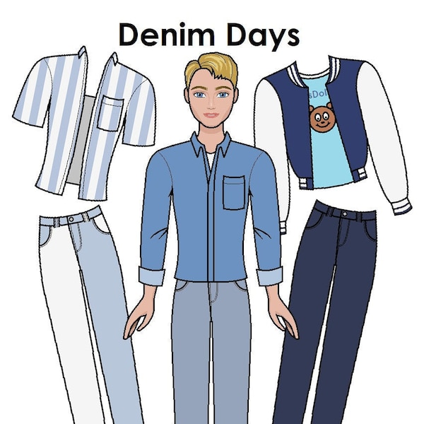 Denim Days Paper doll - Printable Male Paper Doll - Denim fashion clothes - Blue style Paper Doll - Boy paper doll - Coloring pages