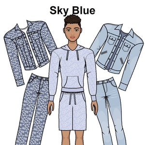 Himmelblaue Papierpuppe - Ausdruckbare männliche Papierpuppe - Winter- und Herbstmode - Schwarze gemischte Rasse Latino Hispanic Paper Doll - Malvorlagen