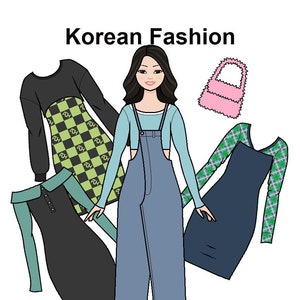 Korean Fashion Curvy Printable Paper Doll - Koreanische Streetwear Mode - Asiatische Puppe - Ausmalbilder -