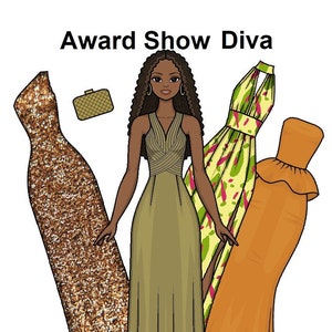 Award Show Diva Nichelle - Printable Paper Doll - High Fashion Gowns - Afrikanische Puppe - Black Paper Doll - Malvorlagen -
