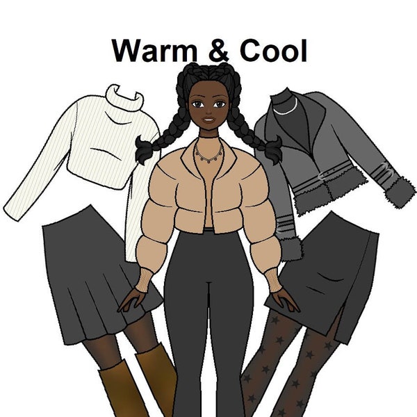 Warm & Cool paper doll - Curvy Printable Paper Doll - Winter fashion - African doll - Black Paper Doll - Coloring pages -